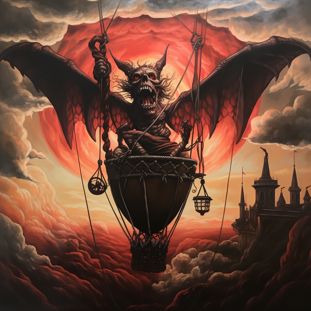 Devil riding red hot air balloon