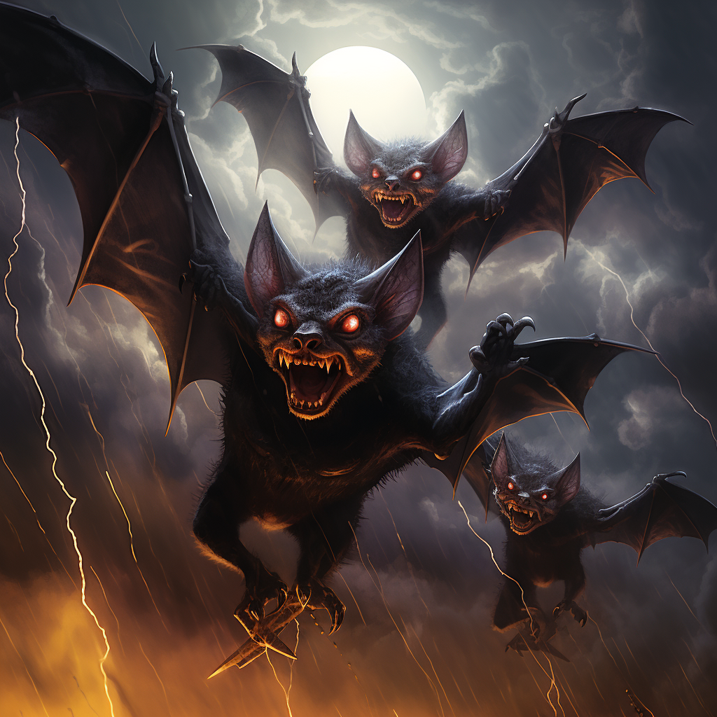 Sinister devil bats under a lightning-filled sky