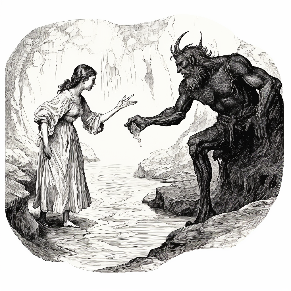 Devil man pointing to woman in front of cave