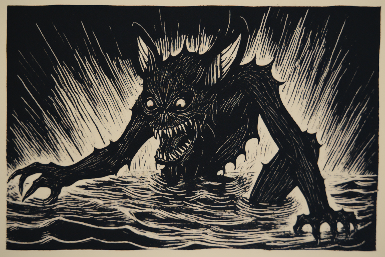 Devil made of water linocut