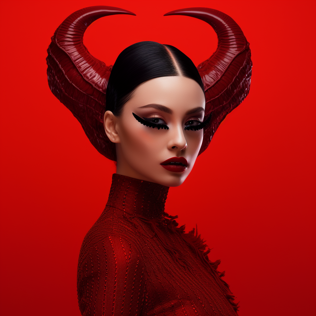 Beautiful woman with devil horns on red background