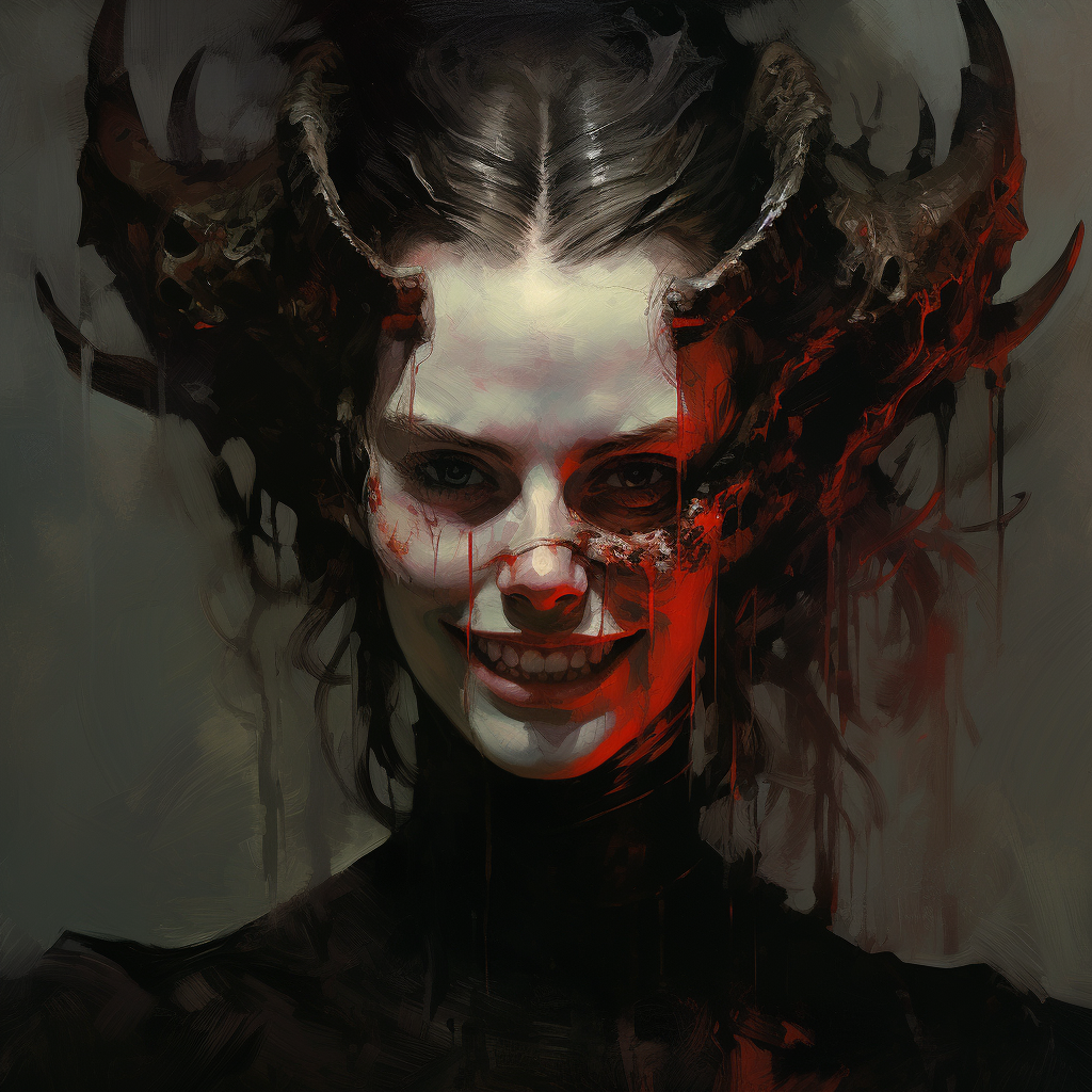 Portrait of devilish woman with black eyes and horns