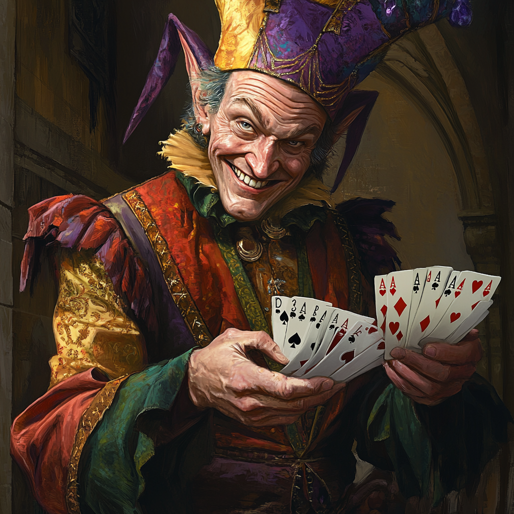 devious man in court jester attire with magical cards