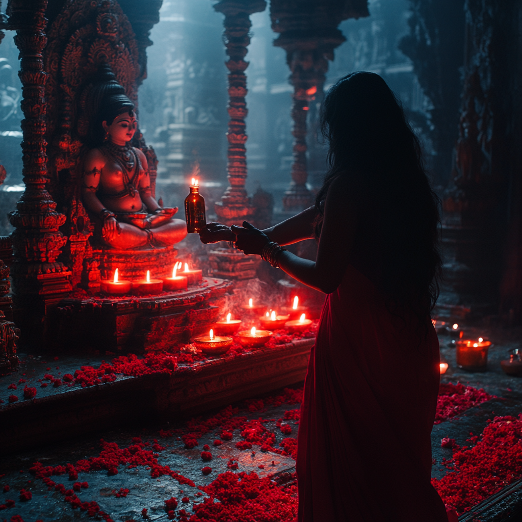 Lady devotee offering honey to Goddess Durga