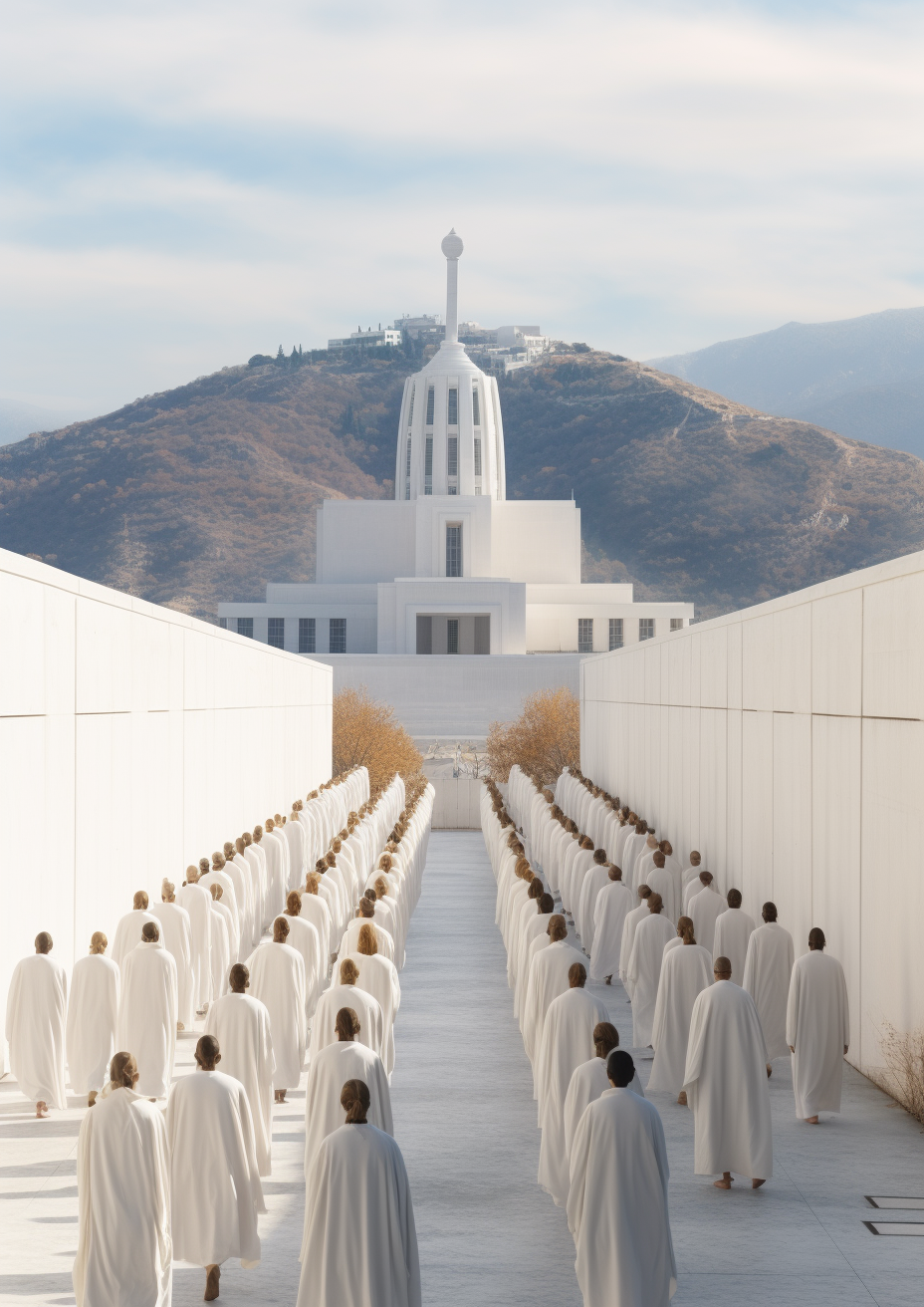 Devotees marching in ivory robe at weird-looking Greek temple