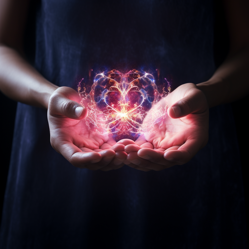 Two hands emitting love energy light