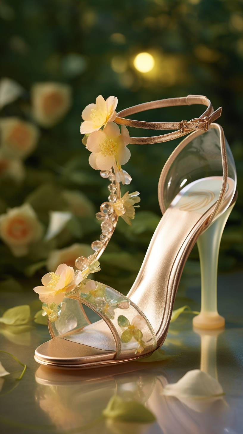 Stylish sandals adorned with morning dewdrops