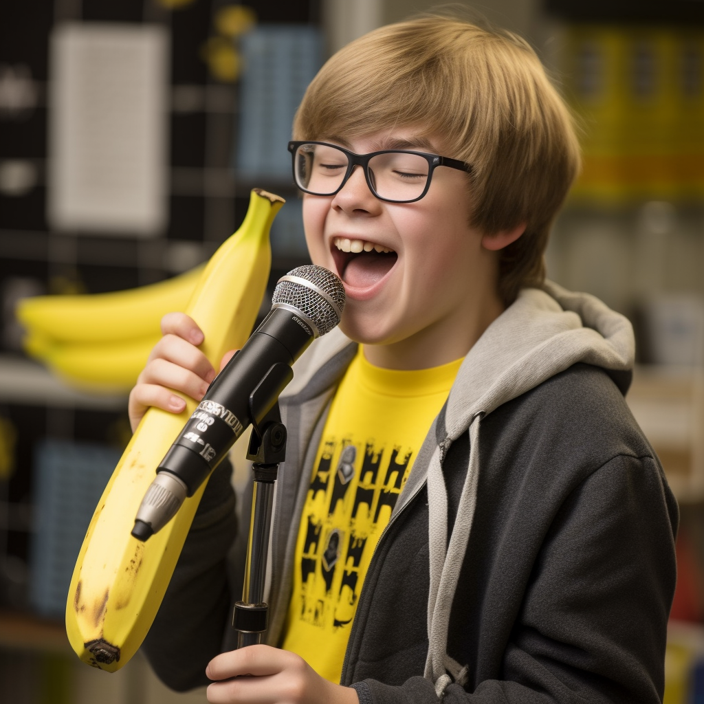 Rock musician singing with banana