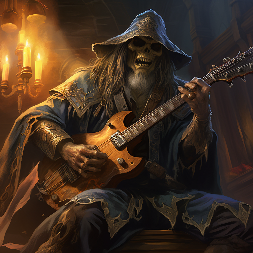 Dhampir warlock musician playing a magical instrument