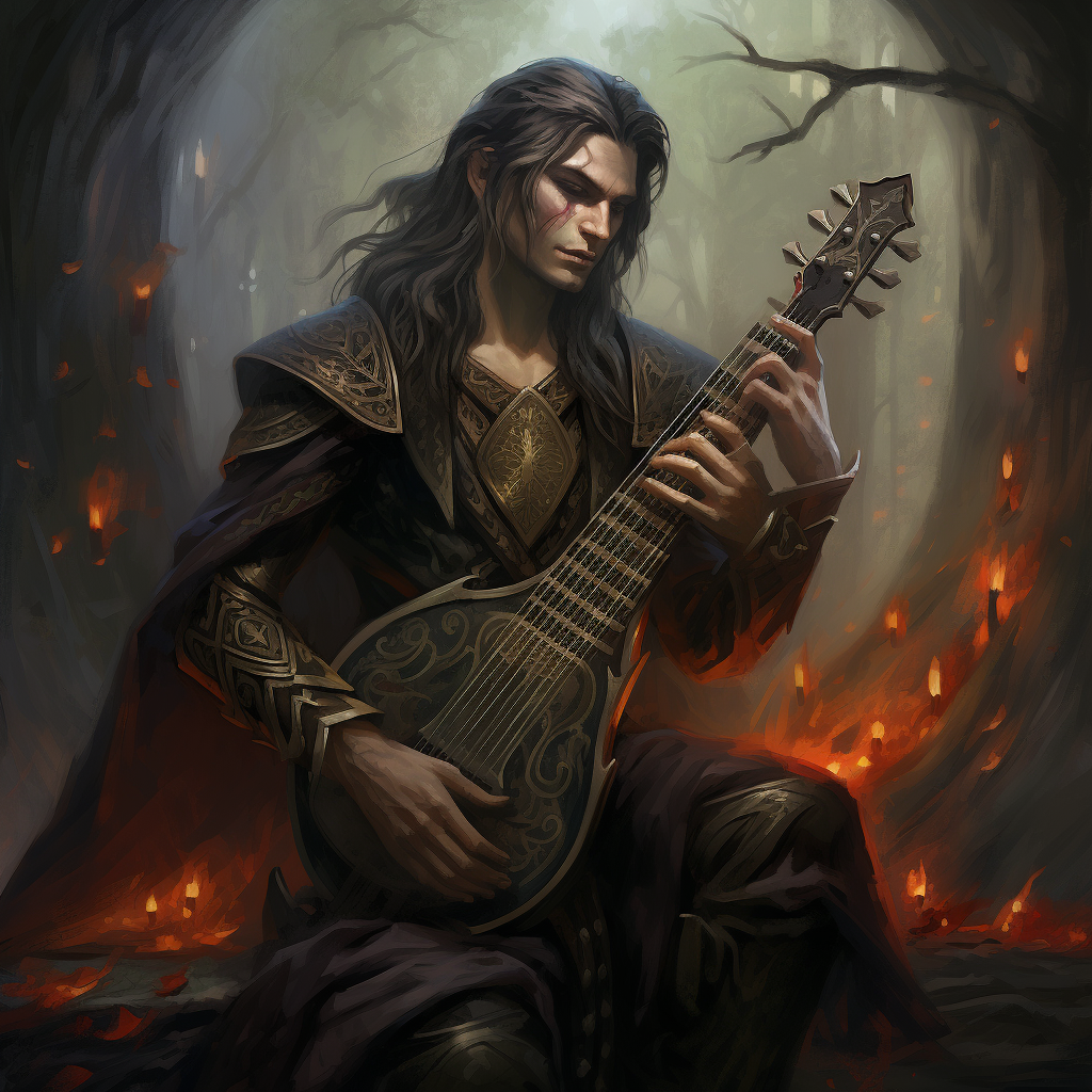 Dhampir Warlock Musician Playing Lyre Fantasy Art