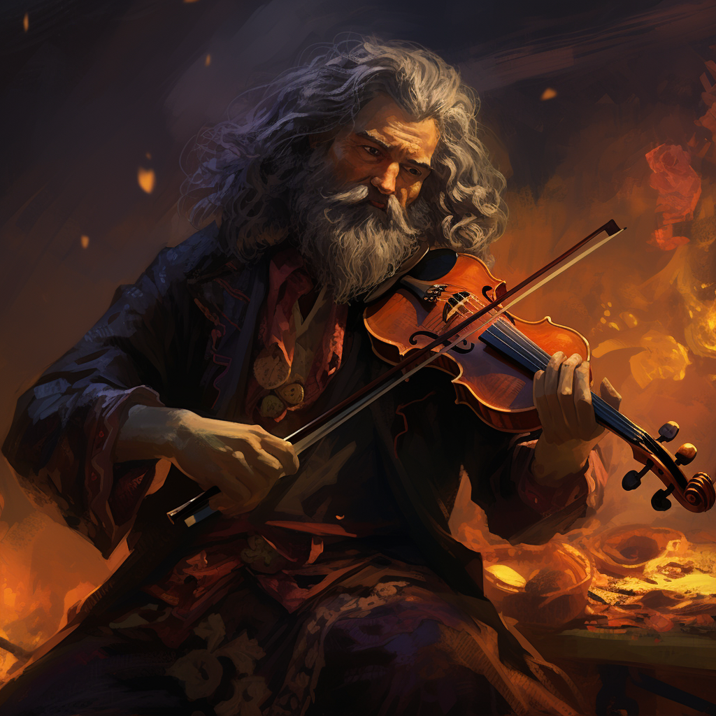 Dhampir warlock musician playing fiddle