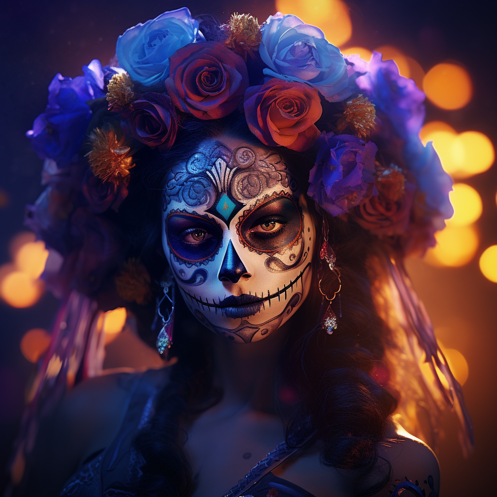 Mexican girl with carnival mask and sugar skulls