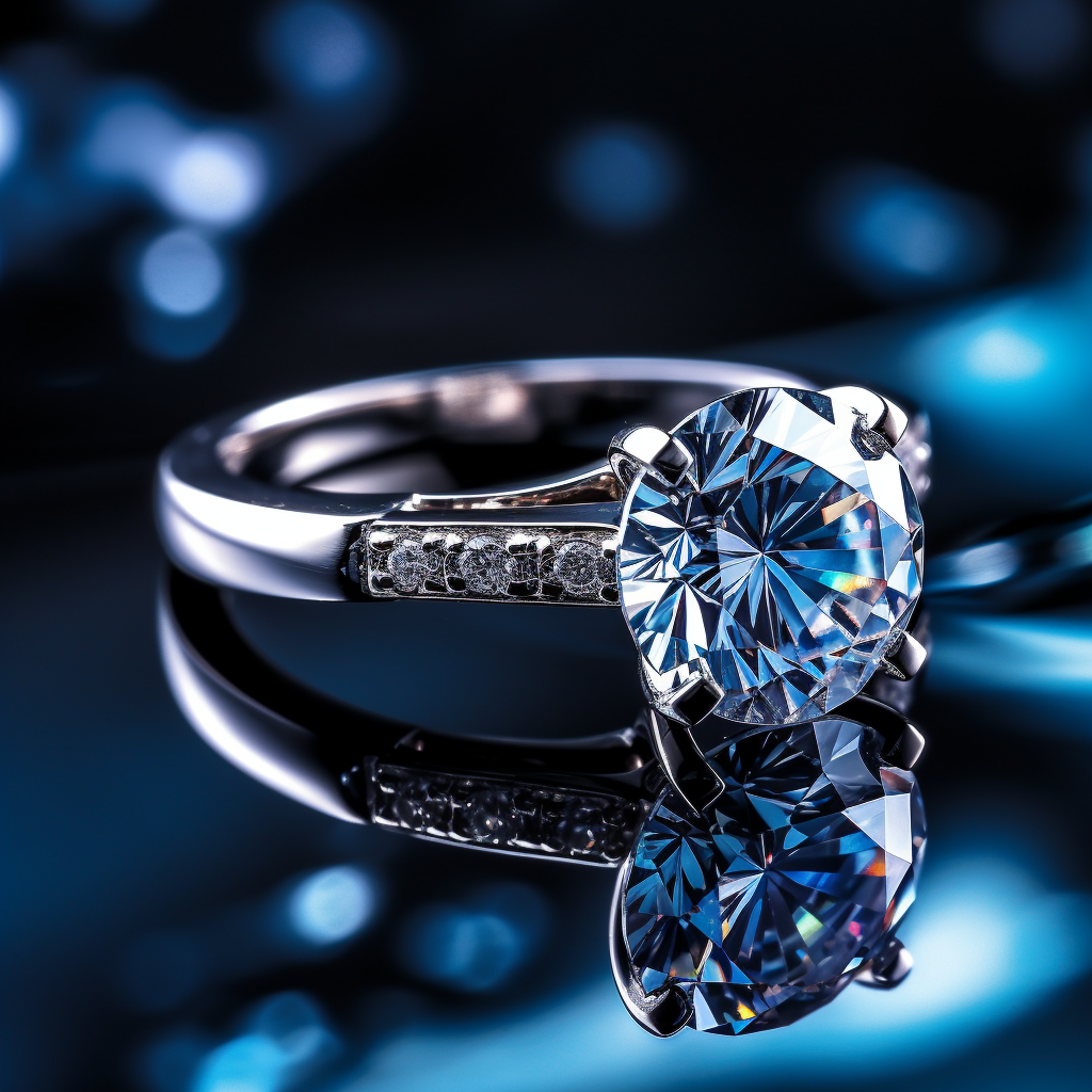 Diamond ring sparkling under blue lighting