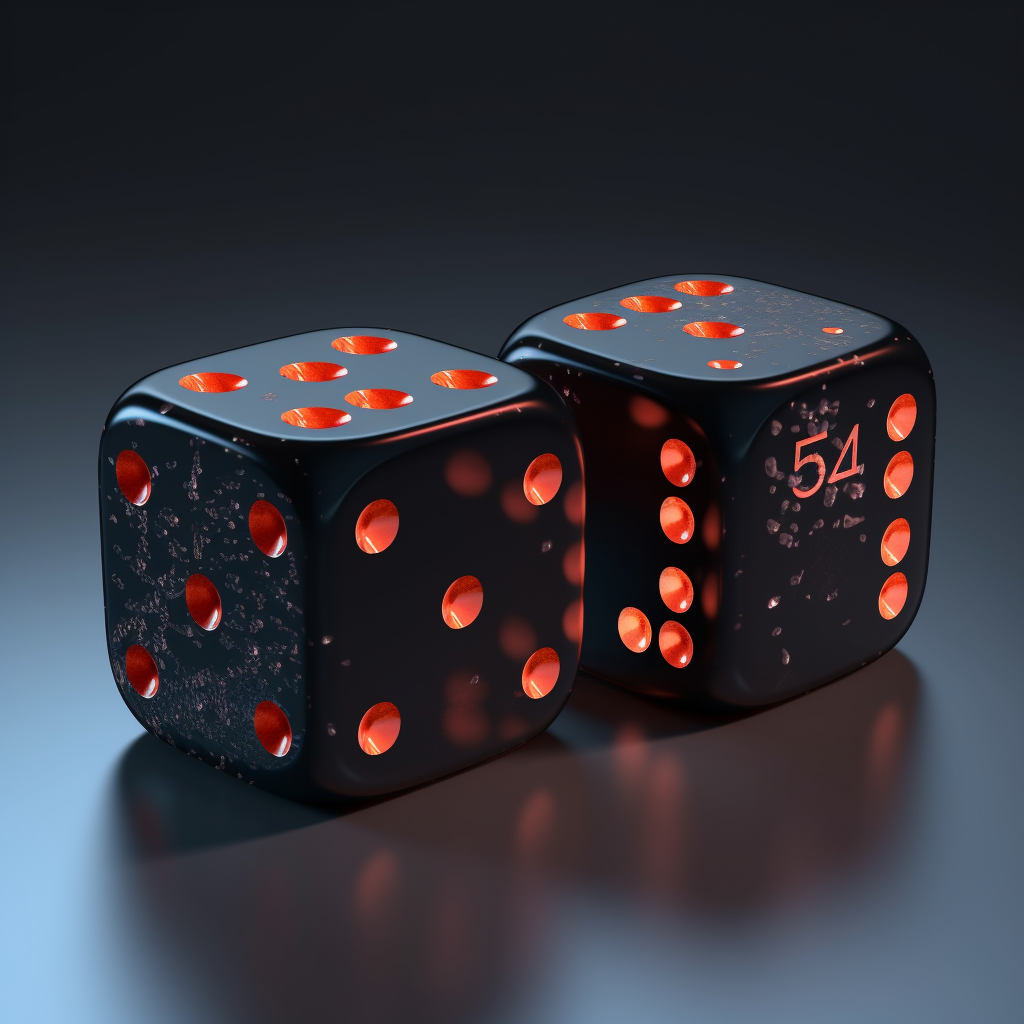 Pair of hyperrealistic dice displaying 14% and 84%