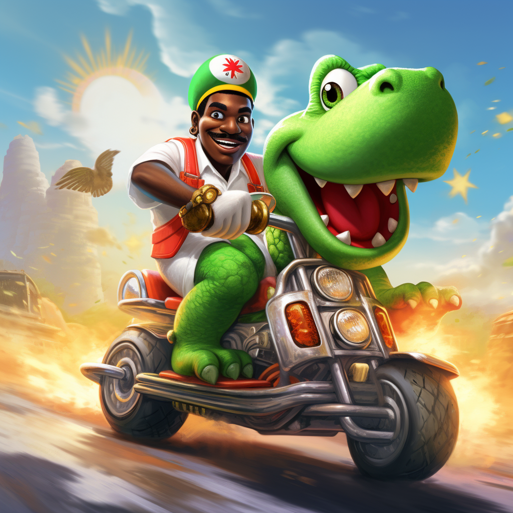 Diddy King riding Yoshi in a thrilling video game