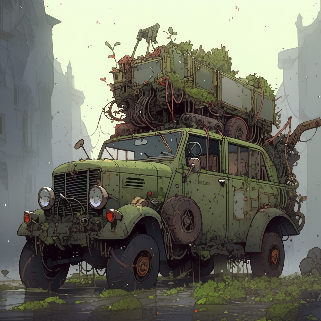 Dieselpunk machine covered in moss