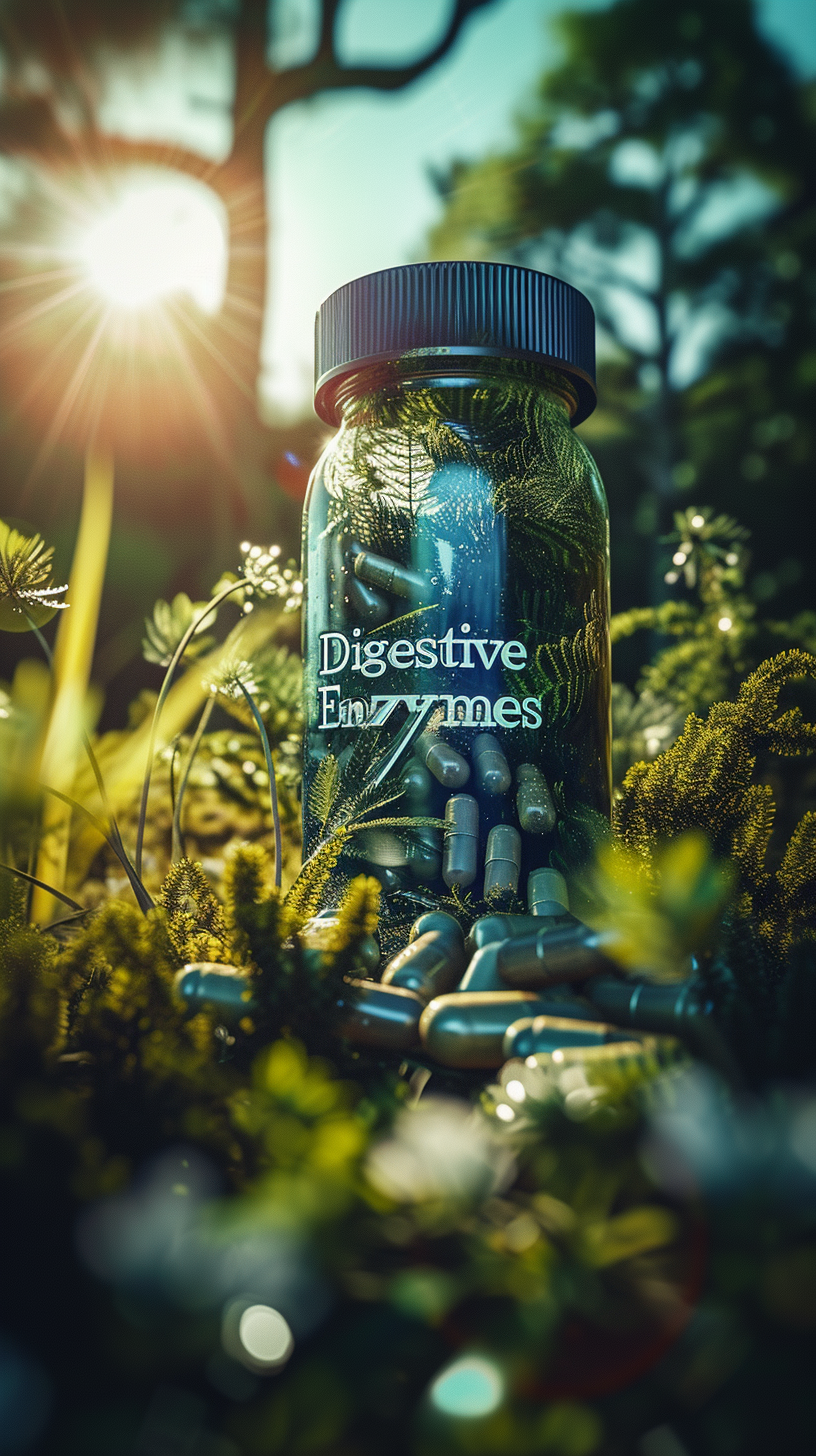 Digestive Enzymes Supplement Container in Nature Sunlight