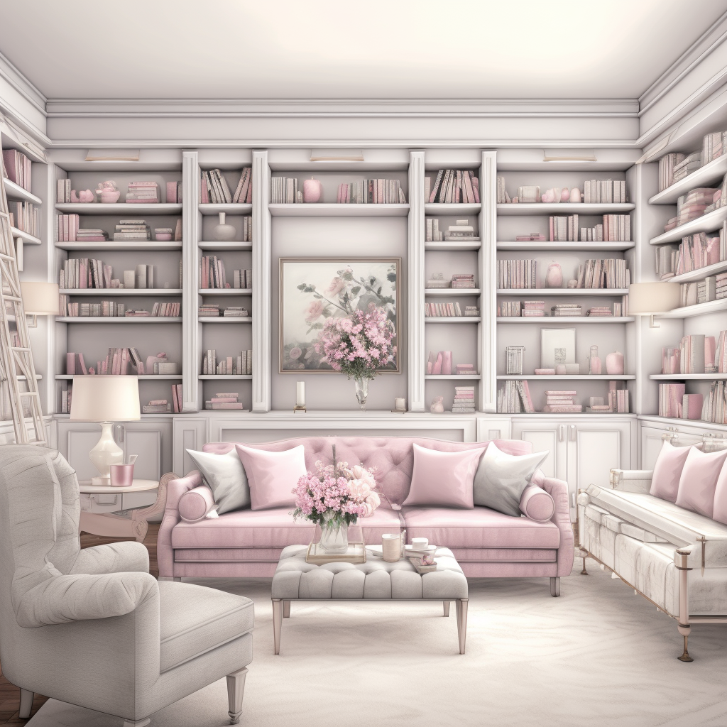 Home Library Digital Illustration in Soft Pink Gray White