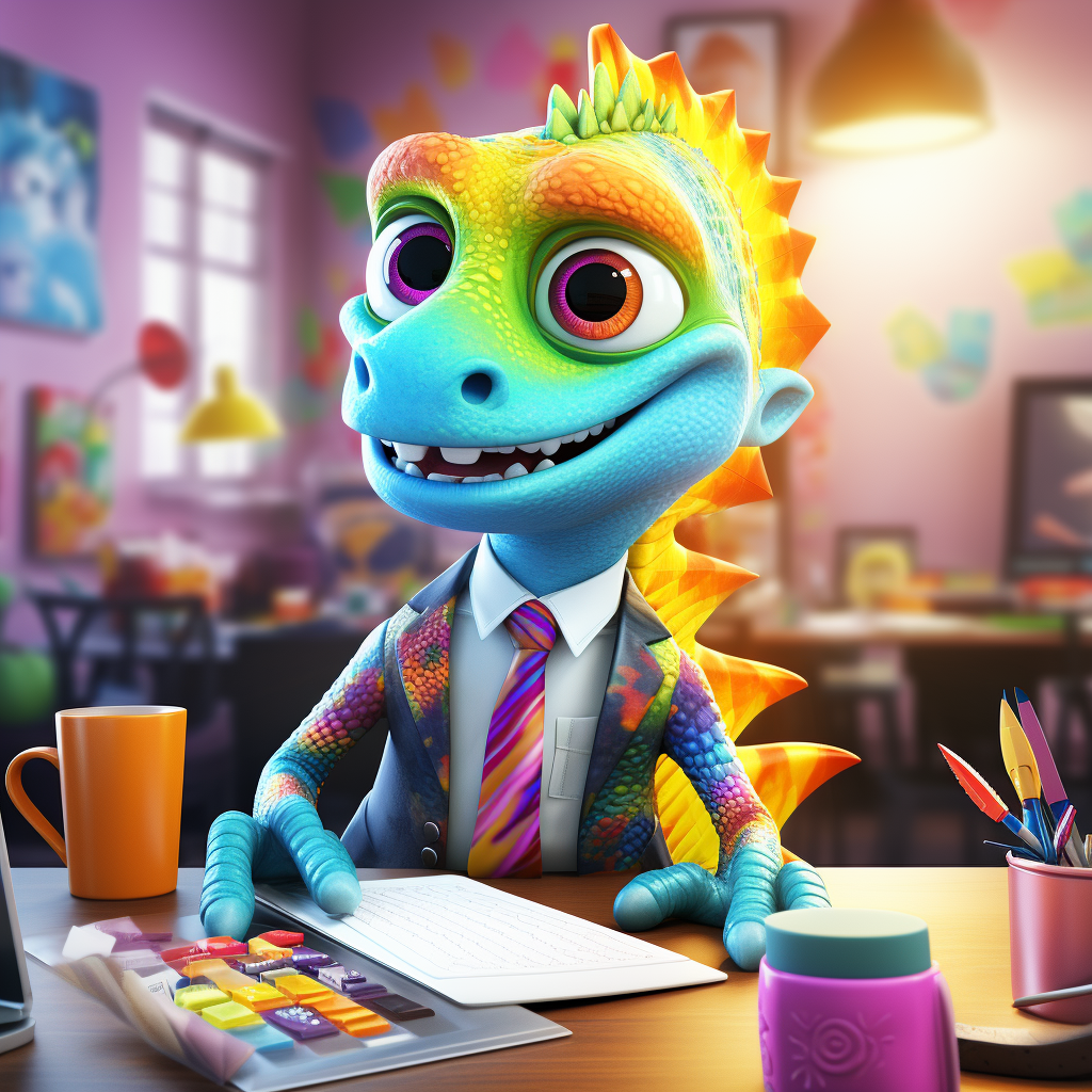 Anthropomorphic chameleon digital marketing manager in dynamic scene