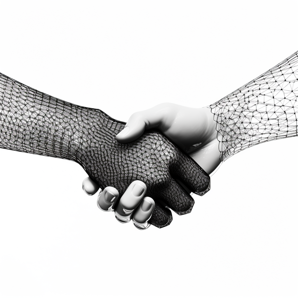 Businessman shaking hands with digital mesh hand