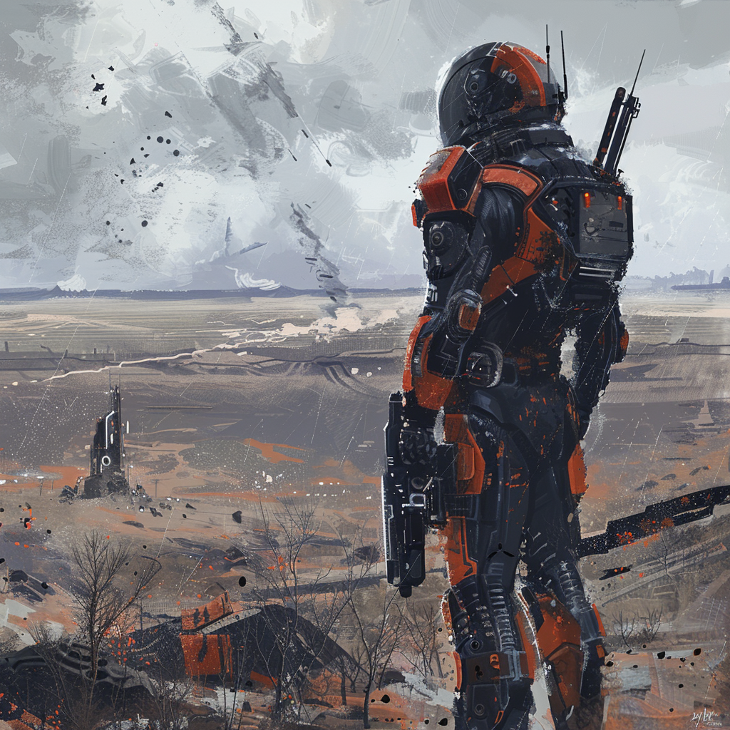 soldier overlooking sci-fi landscape