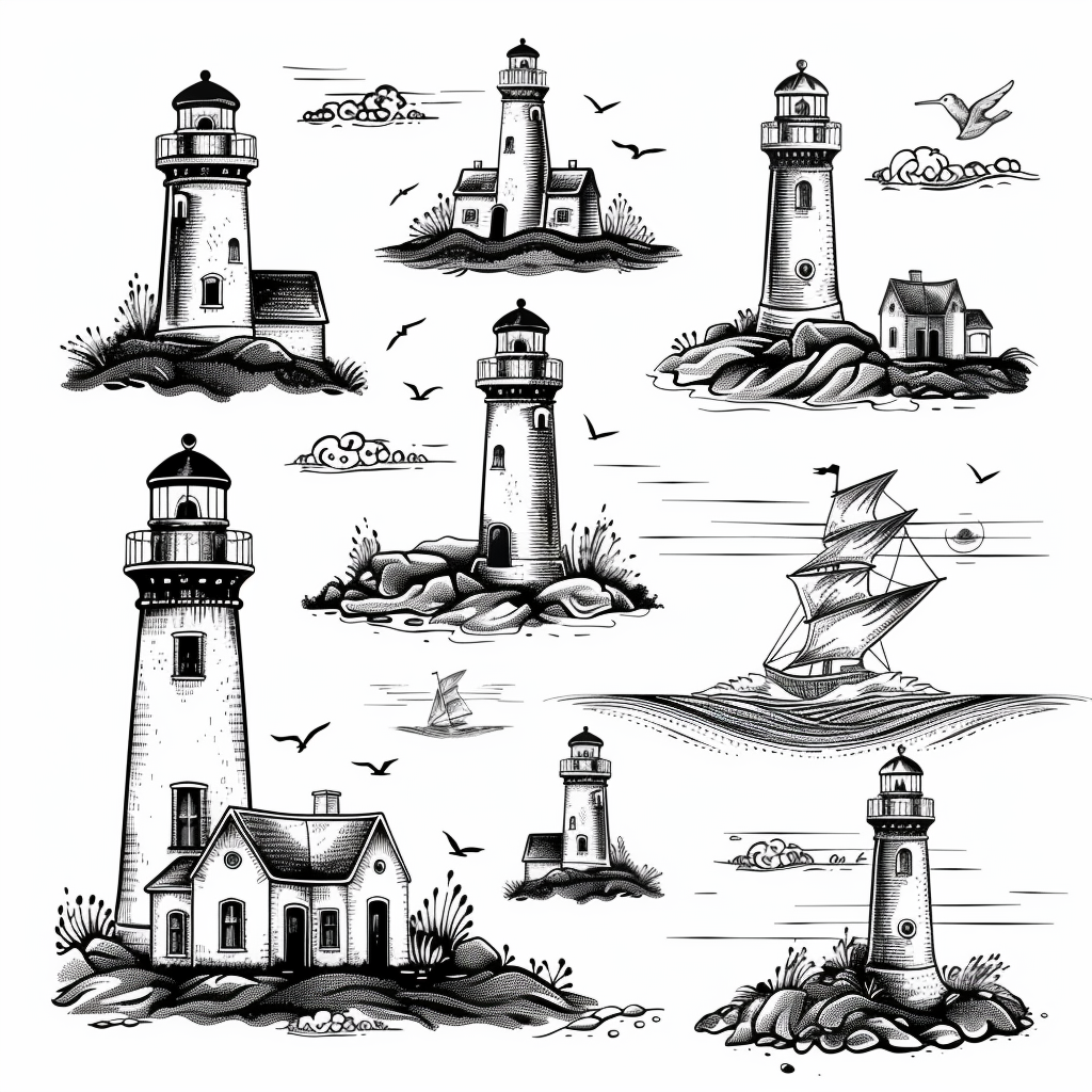 Simple black and white lighthouses