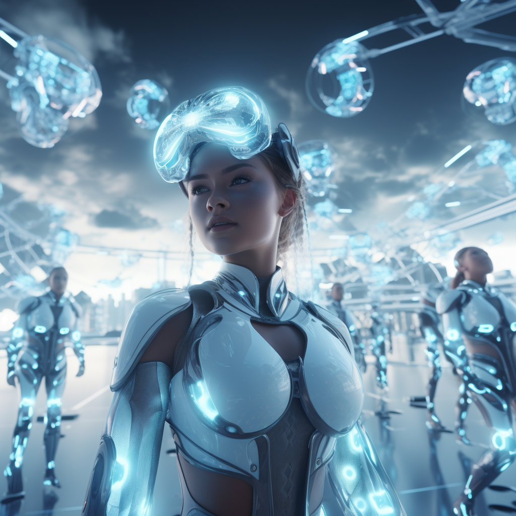 Futuristic digital Valkyrie emerging from cloud