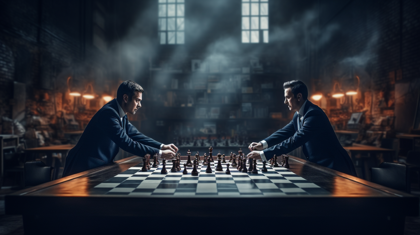 Two businessmen competing in a digital chess game