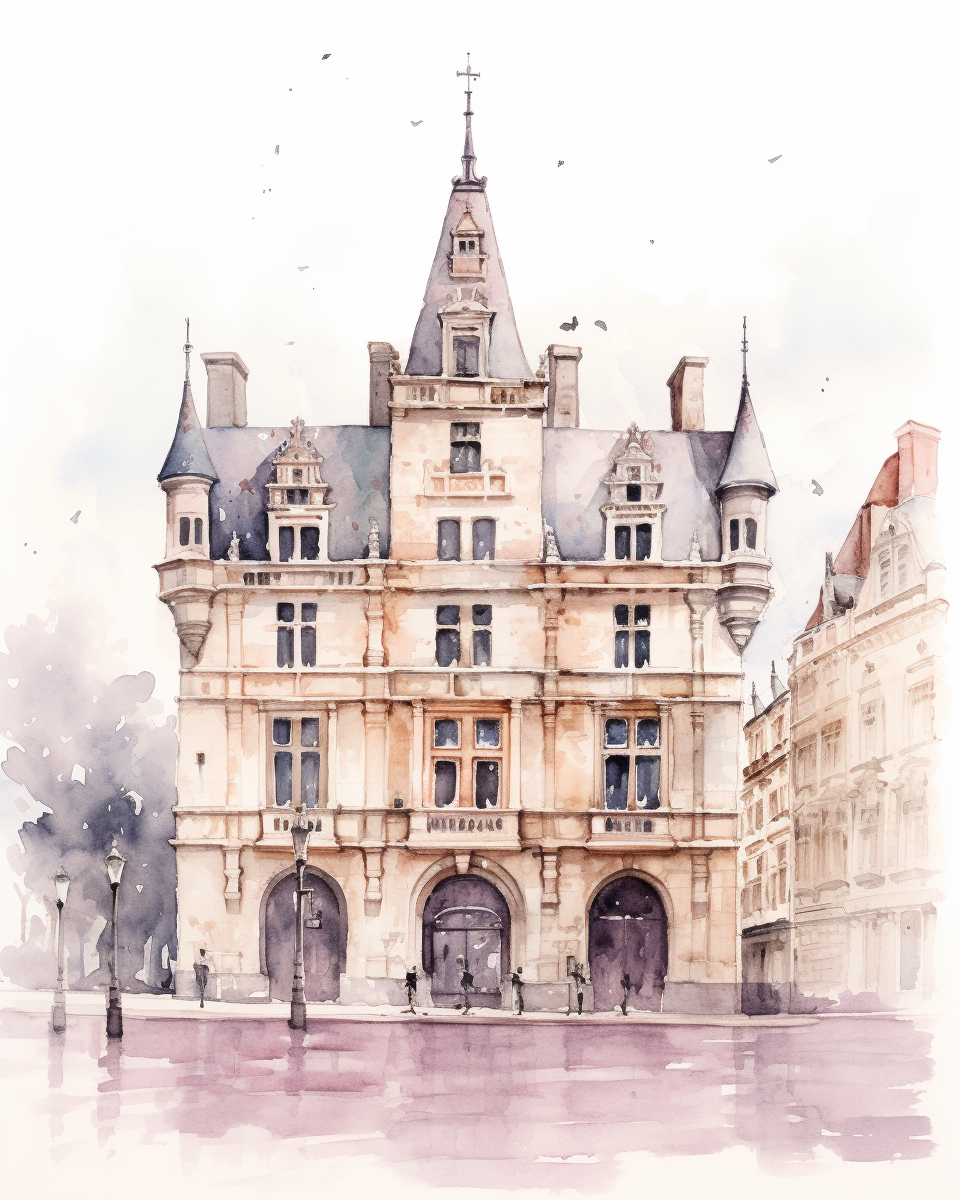 Expressive watercolor sketch of Dijon's main square