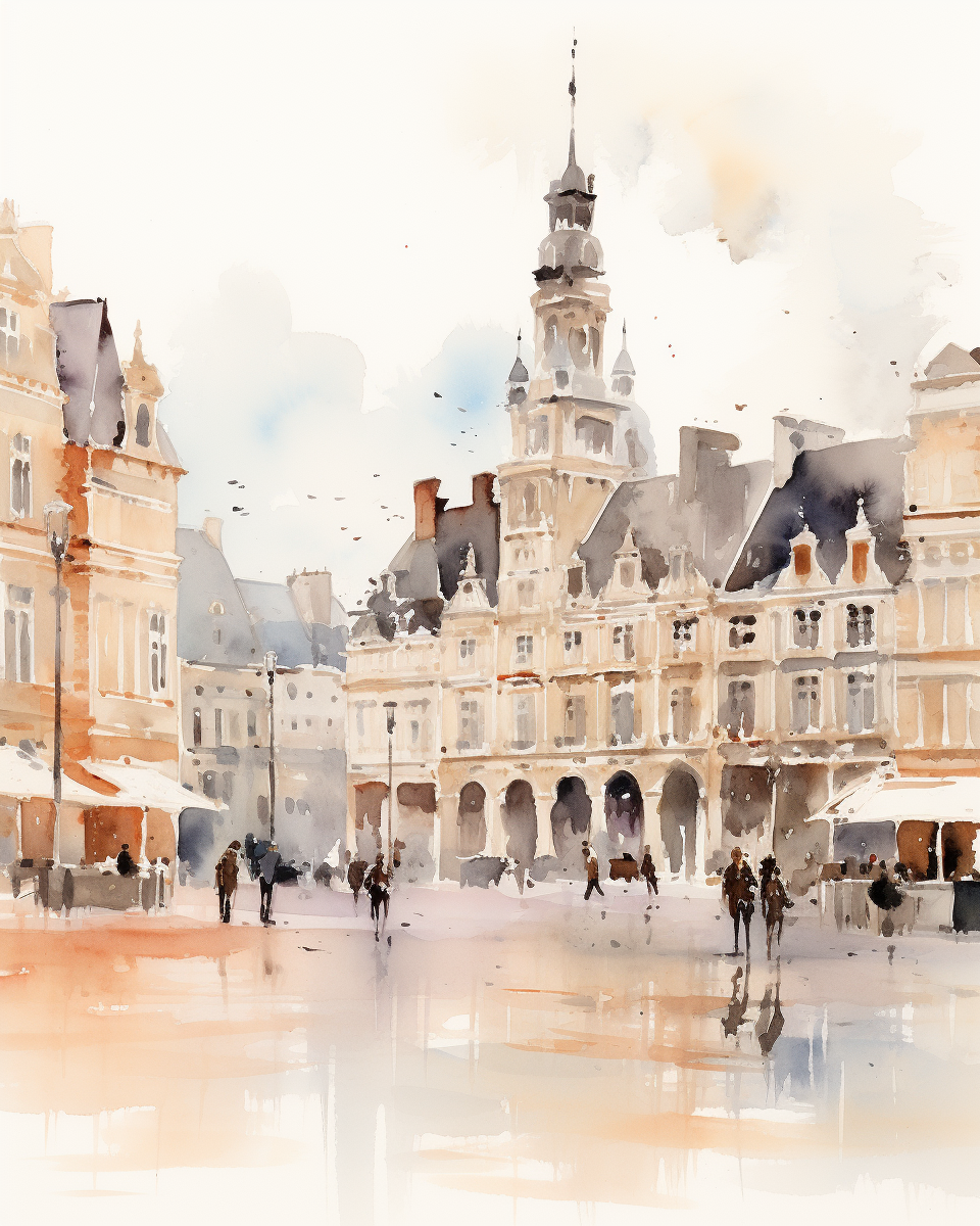 Minimalist watercolor sketch of Dijon main square