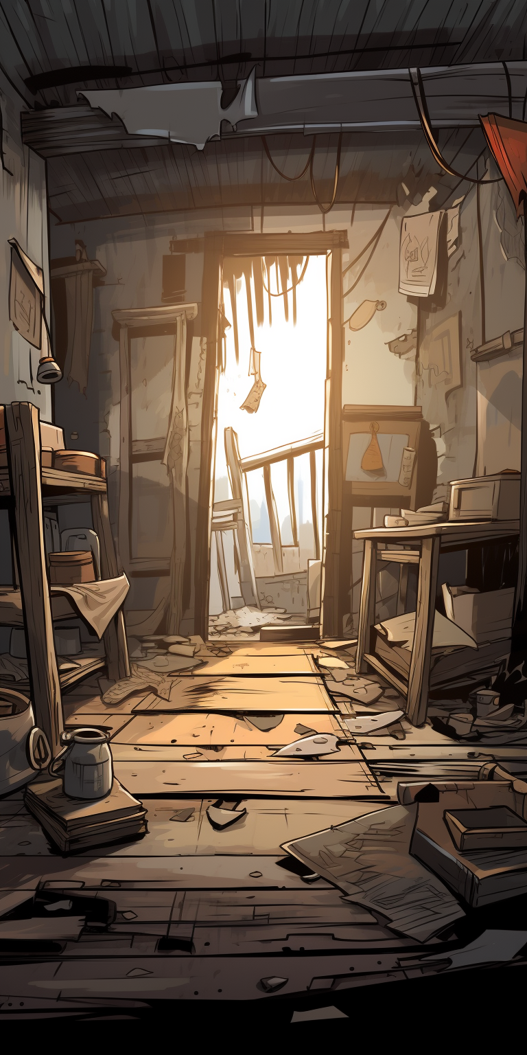 A charming cartoon illustration of dilapidated indoor environments