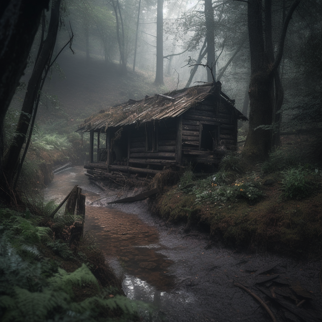 Spooky wooden shack in dark forest