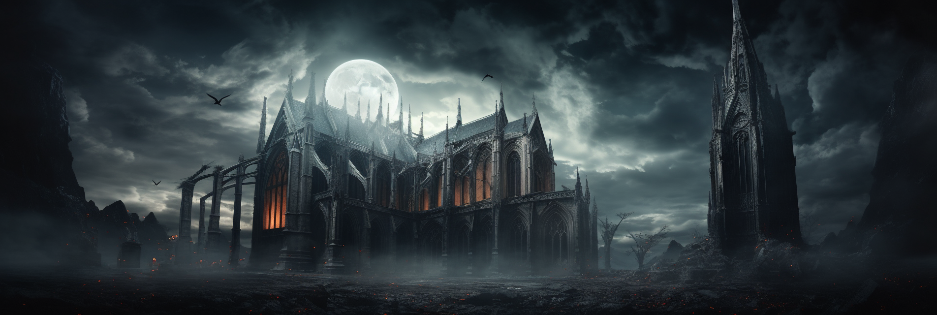 Dreary dilapidated cathedral in moonlight