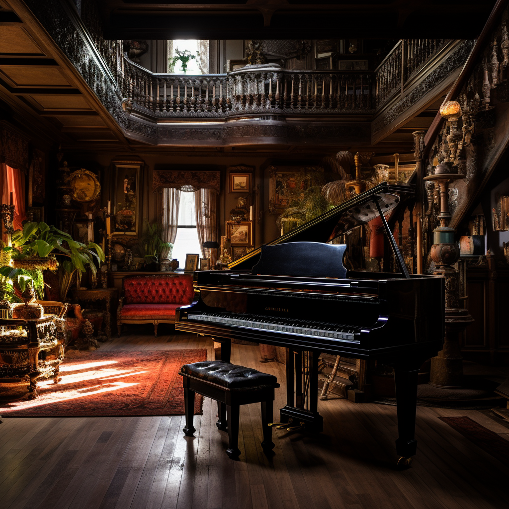 Dimly lit dance hall with piano