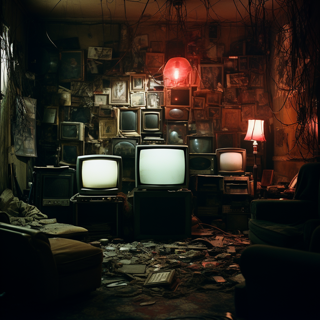 Mysterious room with vintage TVs