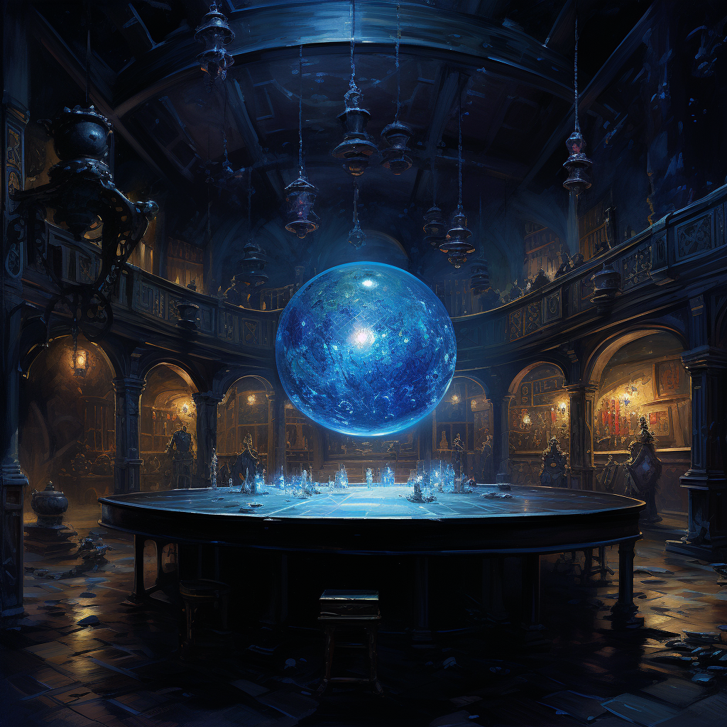 Mysterious blue glowing sphere in dimly lit tavern