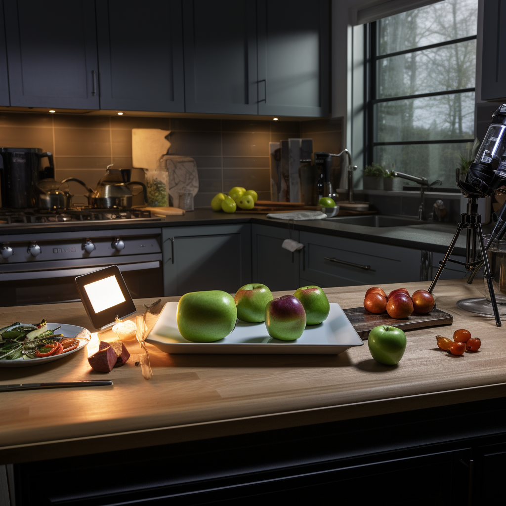 Empty product placement in dimmed lit kitchen