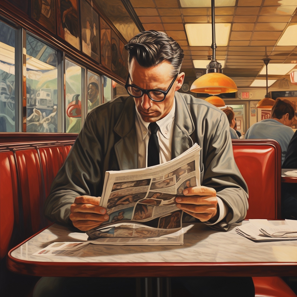 Stylish man enjoying newspaper in diner