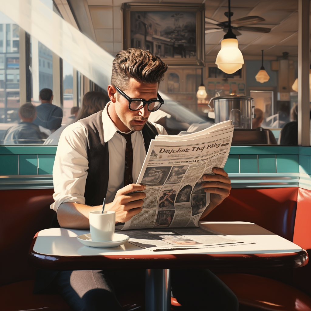 Man reading newspaper in diner