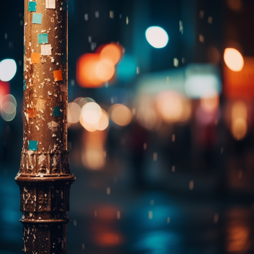 Night city street with bokeh lights on a pole with stickers