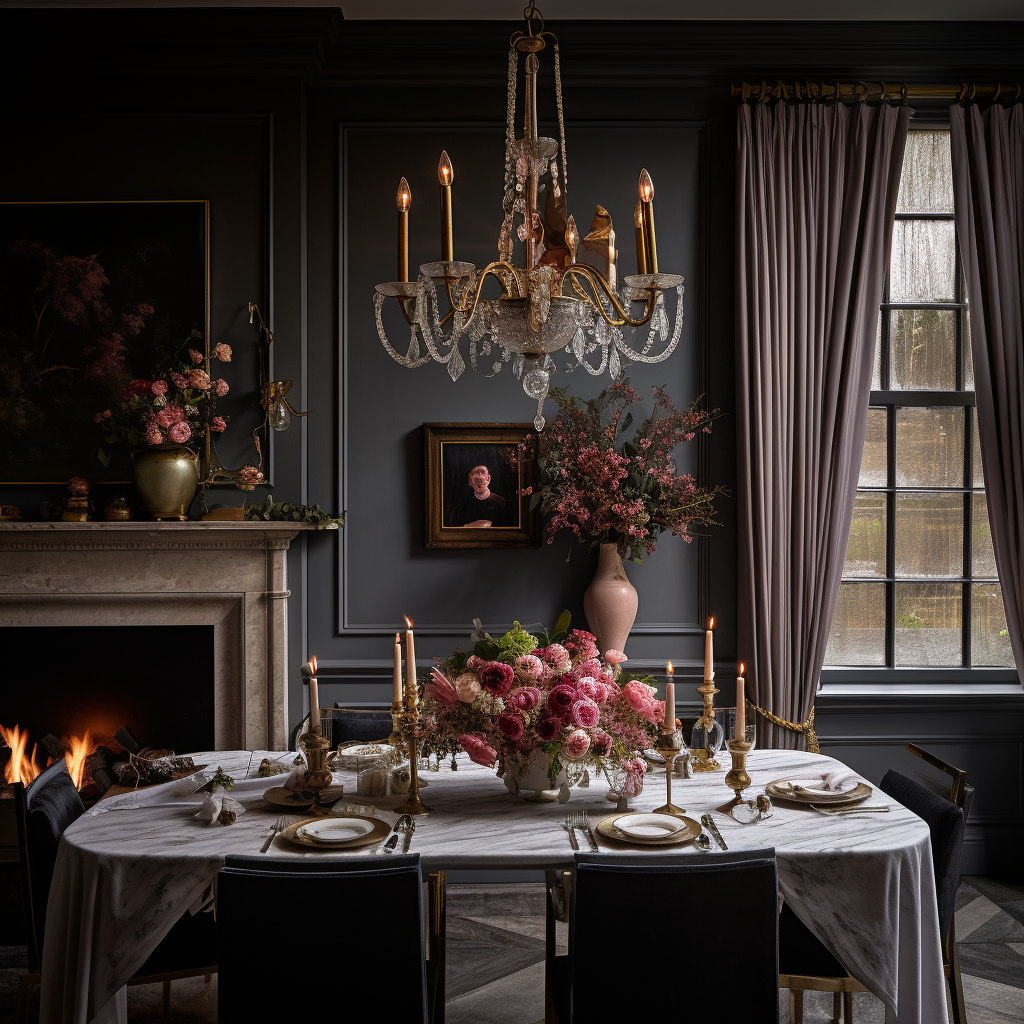 Dining room with marble table and chandelier