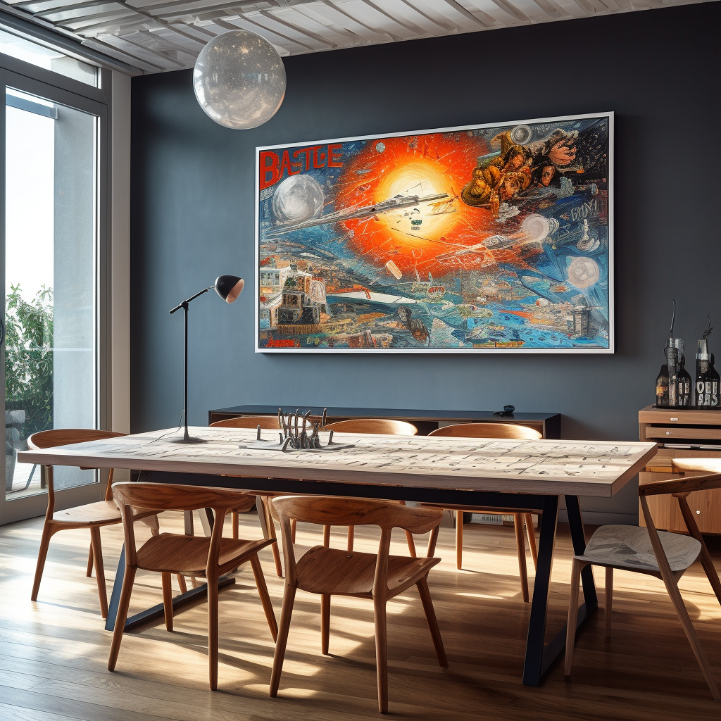 Contemporary dining room table with wall painting