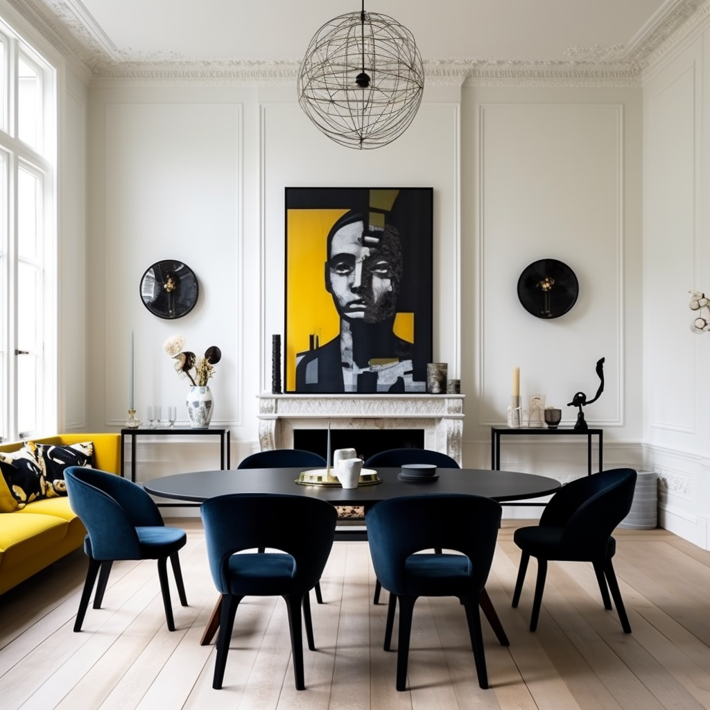 Dining room with navy and citron velvet chairs