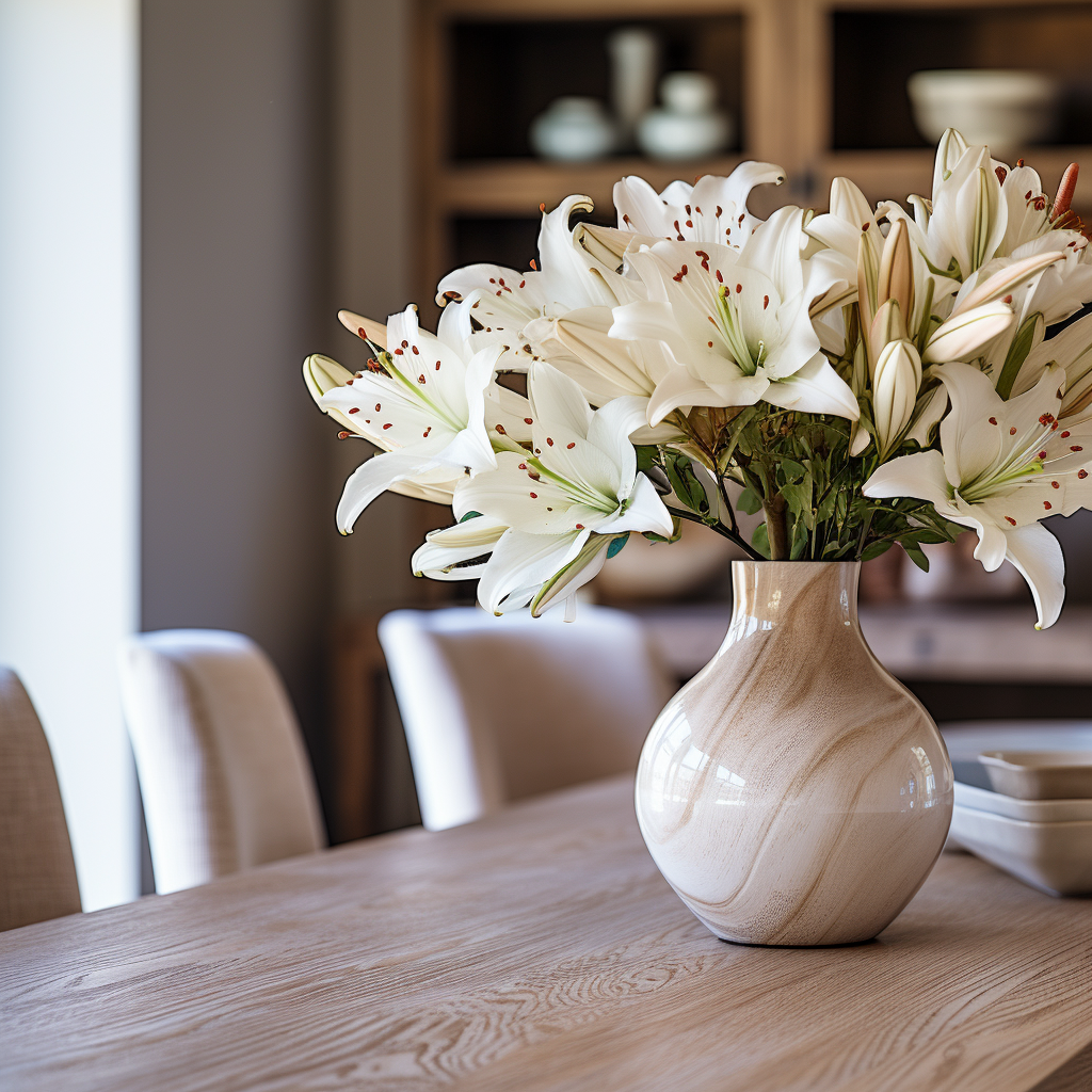 Modern dining table with white lilies