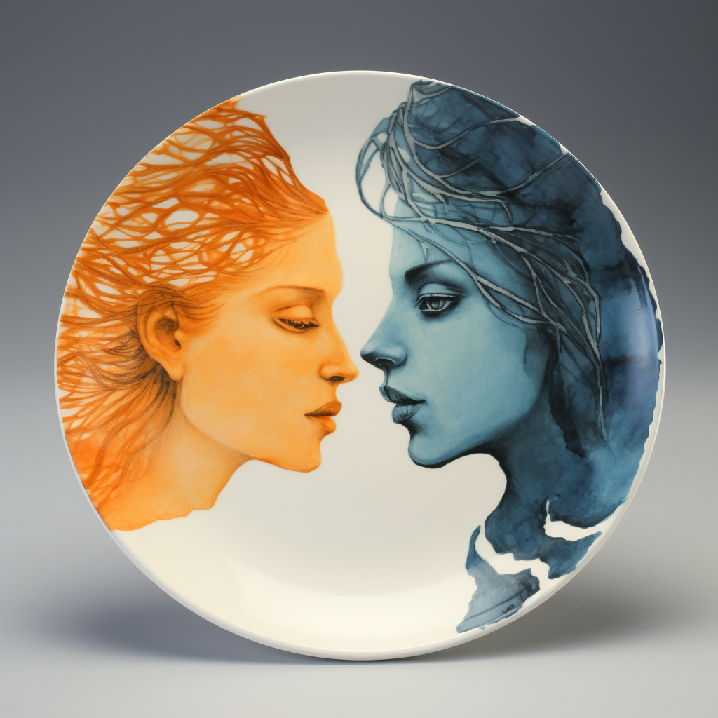 Artistic dinner plate with orange and blue women