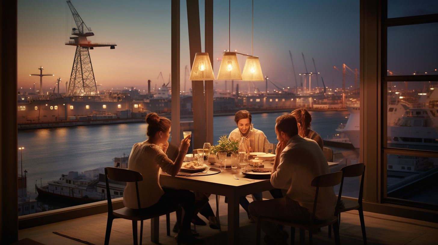 Dinner table with industrial port view