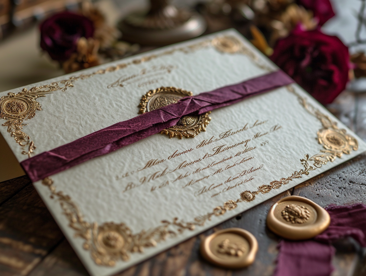 French calligraphy dinner party invitation with gold accents