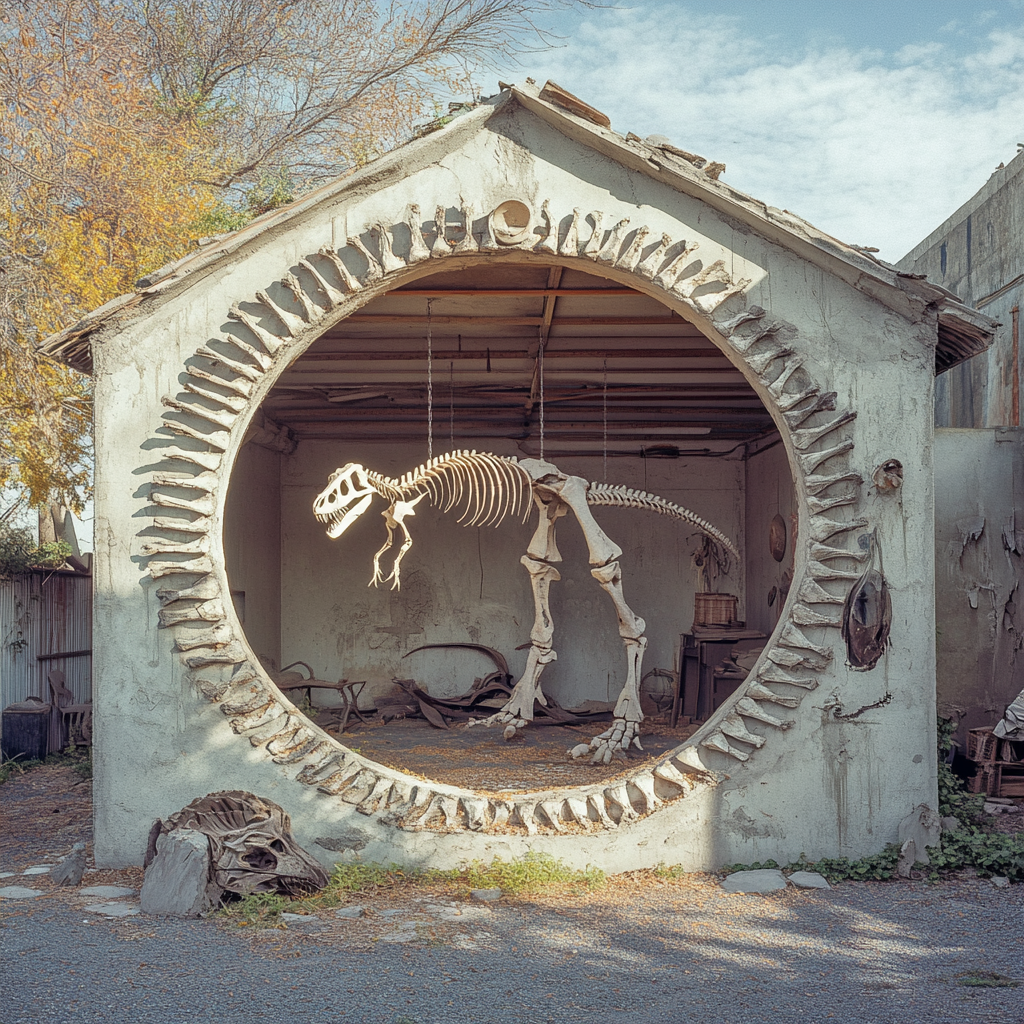 dinosaur bones cover garage, dodo skeleton outside, bomb damage