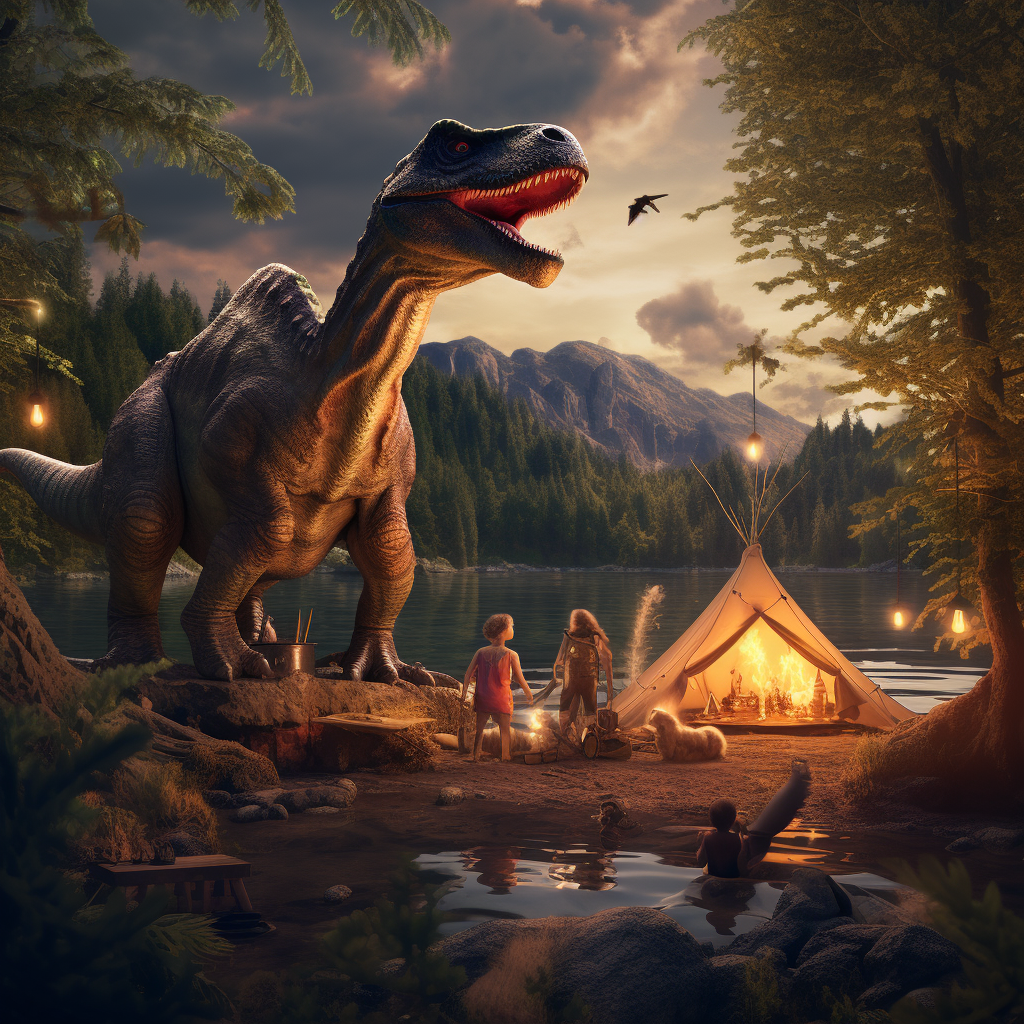 Dinosaur enjoying outdoor camping trip