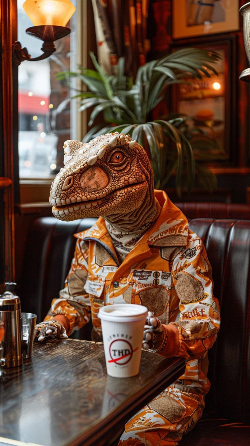 Dinosaur in fast food uniform